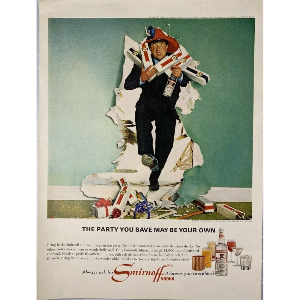 Smirnoff Vodka Buddy Hackett "The Party You Save May Be Your Own" Print Ad 1968